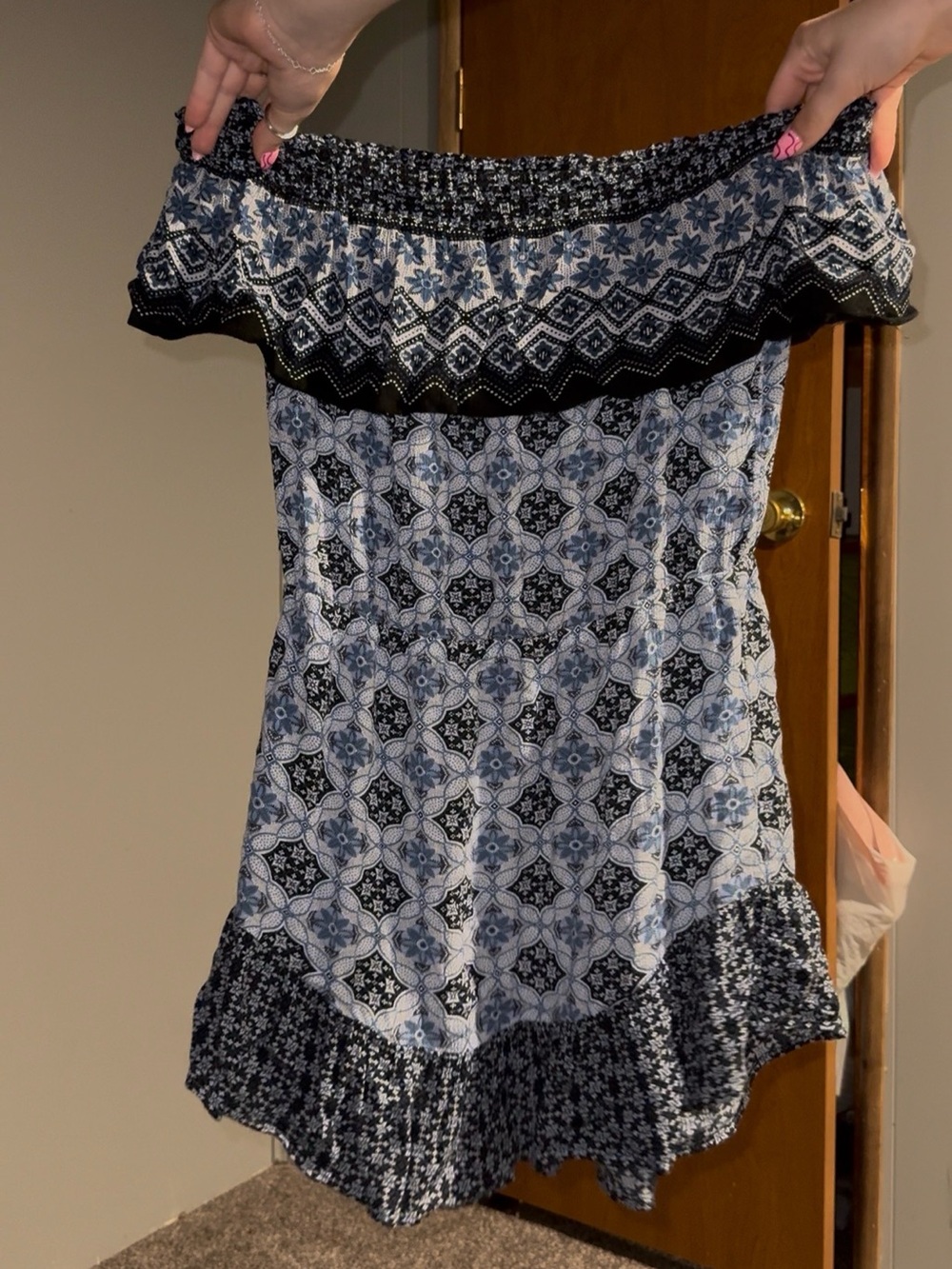 Off-Shoulder Floral Tile Print Women’s Mini Dress in Blue, White, and Black